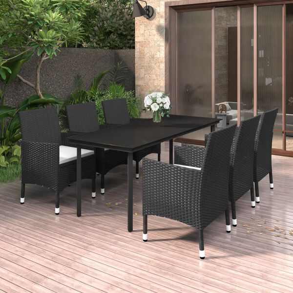vidaXL Set comedor de jard&iacute;n 7 pzas y cojines rat&aacute;n sint&eacute;tico y vidrio