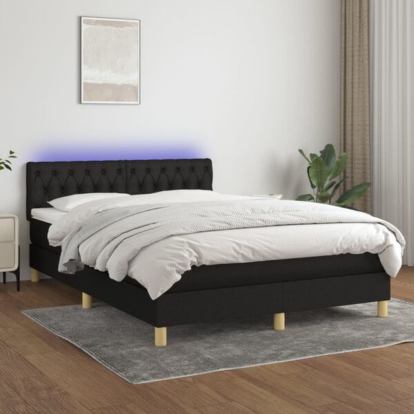 vidaXL Cama box spring colch&oacute;n y luces LED tela negro 140x190 cm
