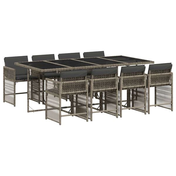 vidaXL Set comedor jard&iacute;n 9 pzas y cojines rat&aacute;n sint&eacute;tico gris