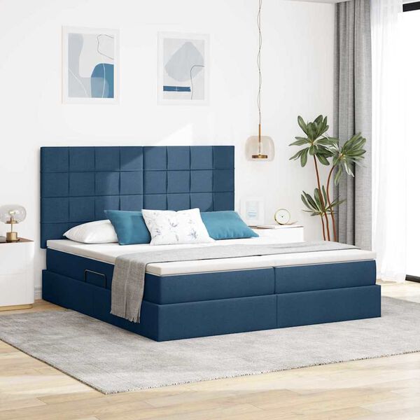 vidaXL Cama con tira de luces LED con cabecera Azul 180 x 200 cm tela