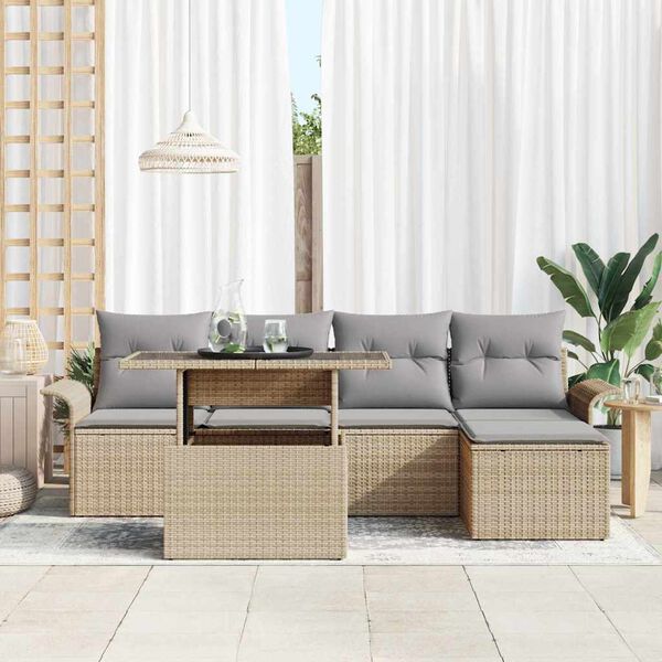 vidaXL Conjunto de sof&aacute; de jard&iacute;n 6 pcs Beige rat&aacute;n sint&eacute;tico