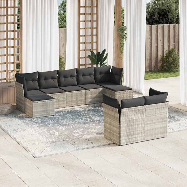vidaXL Set muebles jard&iacute;n 9 pzas y cojines rat&aacute;n sint&eacute;tico gris claro