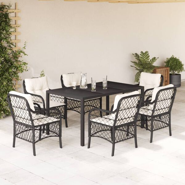 vidaXL Set de comedor de jard&iacute;n 7 pzas y cojines rat&aacute;n sint&eacute;tico negro