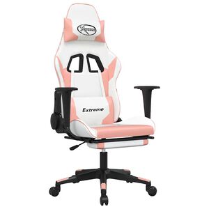 vidaXL Silla gaming masaje y reposapi&eacute;s cuero sint&eacute;tico blanco y rosa