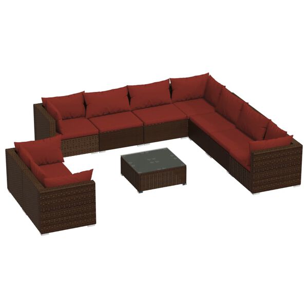 vidaXL Set muebles de jard&iacute;n 10 pzas y cojines rat&aacute;n sint&eacute;tico marr&oacute;n