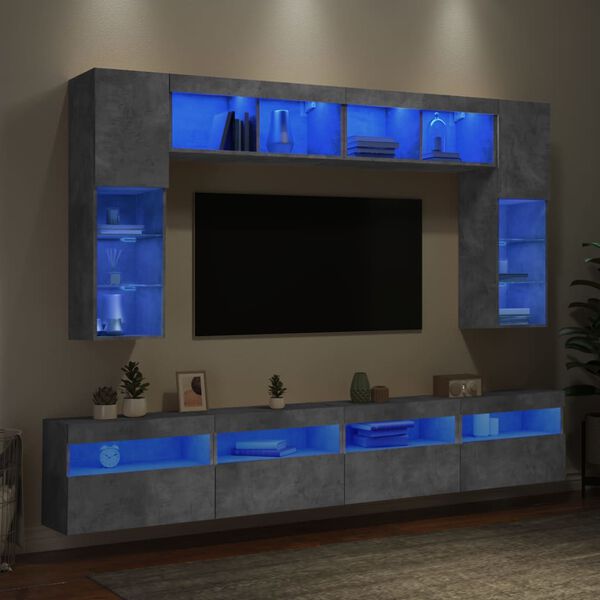 vidaXL Muebles de TV de pared con luces LED 8 piezas gris hormig&oacute;n