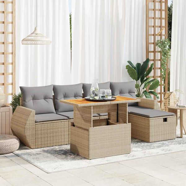 vidaXL Set sof&aacute;s jard&iacute;n y cojines 6 pzas rat&aacute;n sint&eacute;tico acacia beige