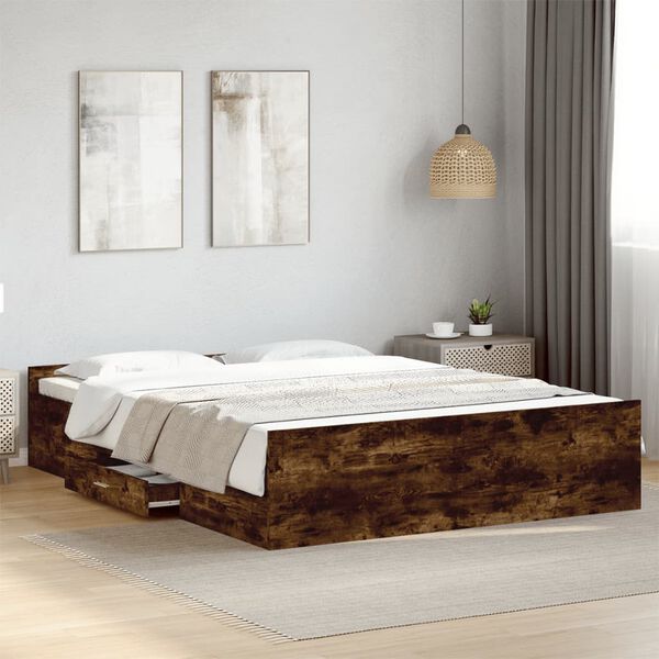 vidaXL Cama con cajones madera de ingenier&iacute;a roble ahumado 150x200 cm