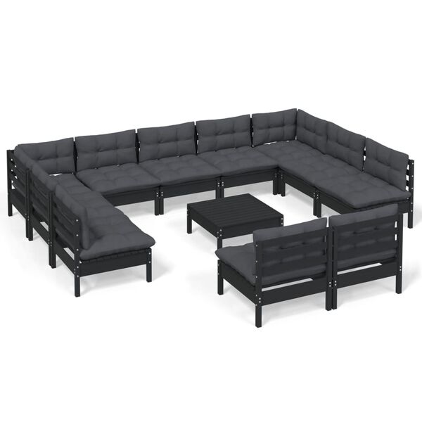 vidaXL Muebles de jard&iacute;n 12 pzas y cojines negro madera maciza de pino