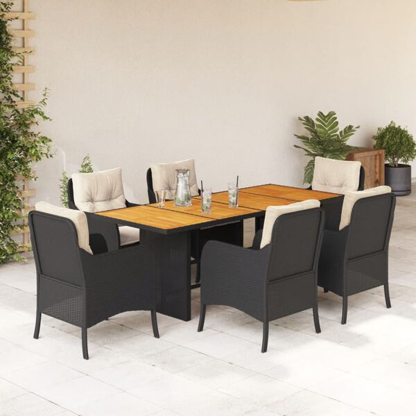 vidaXL Set de comedor de jard&iacute;n 7 pzas y cojines rat&aacute;n sint&eacute;tico negro