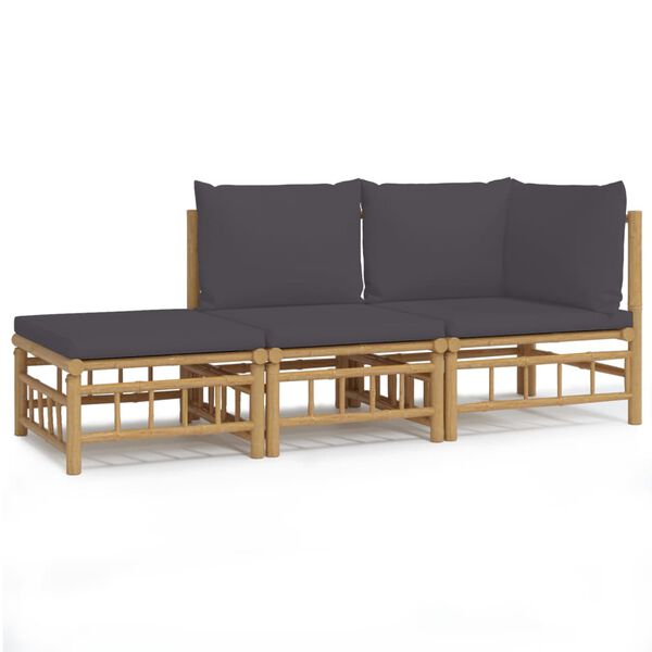 vidaXL Set de muebles de jard&iacute;n 3 piezas bamb&uacute; con cojines gris oscuro