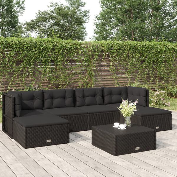 vidaXL Set muebles de jard&iacute;n 6 piezas y cojines rat&aacute;n sint&eacute;tico negro