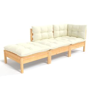 vidaXL Muebles de jard&iacute;n 3 piezas cojines madera maciza de pino crema