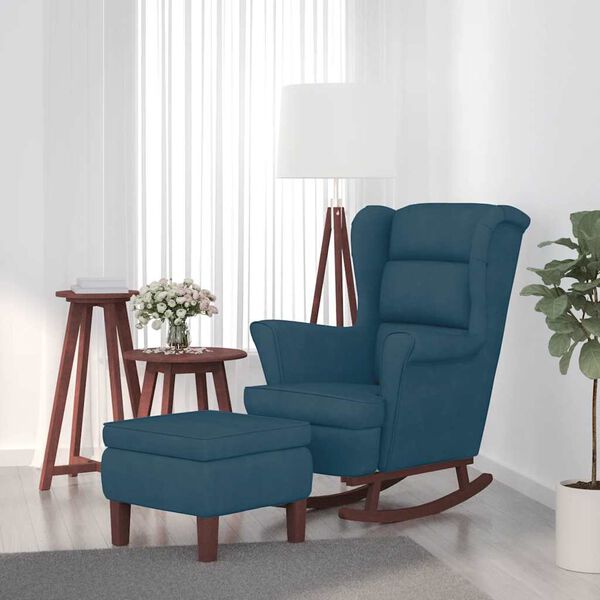 vidaXL Mecedora con respaldo alto de terciopelo azul y madera maciza