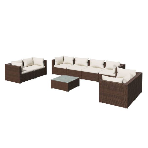 vidaXL Set muebles de jard&iacute;n 9 piezas y cojines rat&aacute;n sint&eacute;tico marr&oacute;n