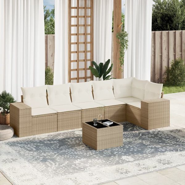 vidaXL Set sof&aacute;s de jard&iacute;n 7 piezas y cojines rat&aacute;n sint&eacute;tico beige