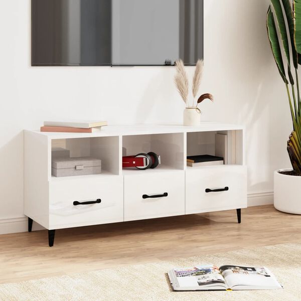 vidaXL Mueble de TV madera contrachapada blanco brillo 102x35x50 cm