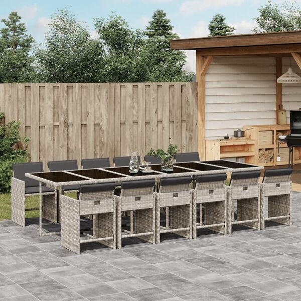 vidaXL Set comedor jard&iacute;n y cojines 13 pzas rat&aacute;n sint&eacute;tico gris claro