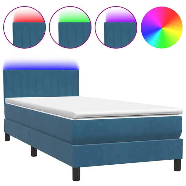 vidaXL Cama box spring con colch&oacute;n y LED terciopelo azul oscuro 90x210 cm
