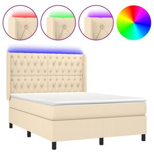 vidaXL Cama box spring colch&oacute;n y luces LED tela crema 140x200 cm