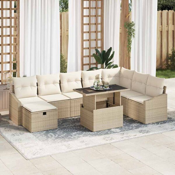 vidaXL Conjunto de sof&aacute; de jard&iacute;n 9 pcs Beige rat&aacute;n sint&eacute;tico
