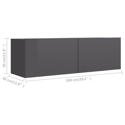 vidaXL Mueble TV madera contrachapada gris brillante 100x30x30 cm