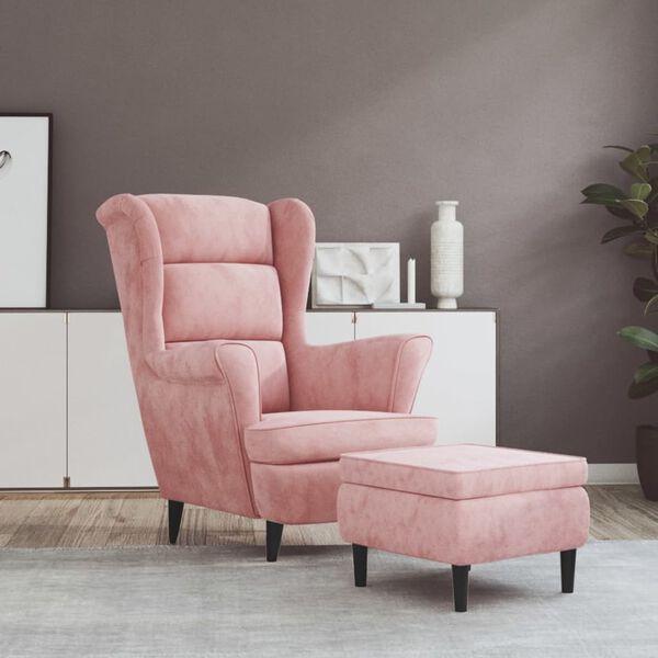 vidaXL Sill&oacute;n orejero y taburete de terciopelo rosa