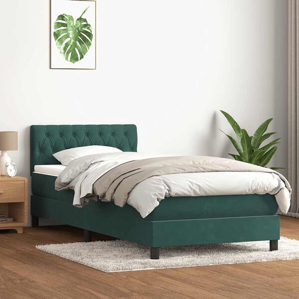 vidaXL Cama box spring con colch&oacute;n y LED terciopelo verde oscuro 80x220 cm