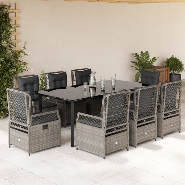 vidaXL Set comedor de jard&iacute;n 9 pzas cojines rat&aacute;n sint&eacute;tico gris claro