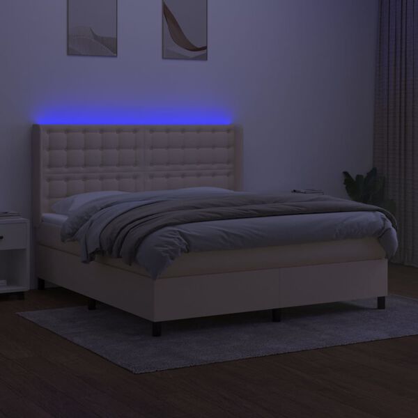 vidaXL Cama box spring colch&oacute;n y luces LED tela crema 160x200 cm