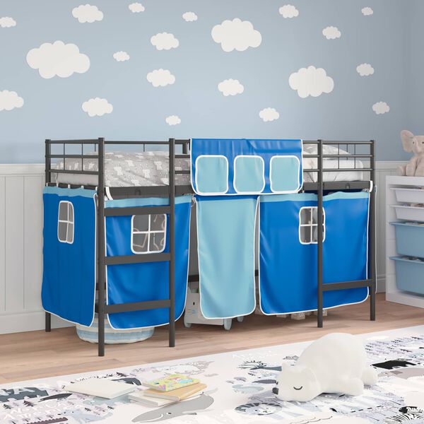vidaXL Estructura de Cama Alta para Ni&ntilde;os con Cortinas Negro y azul