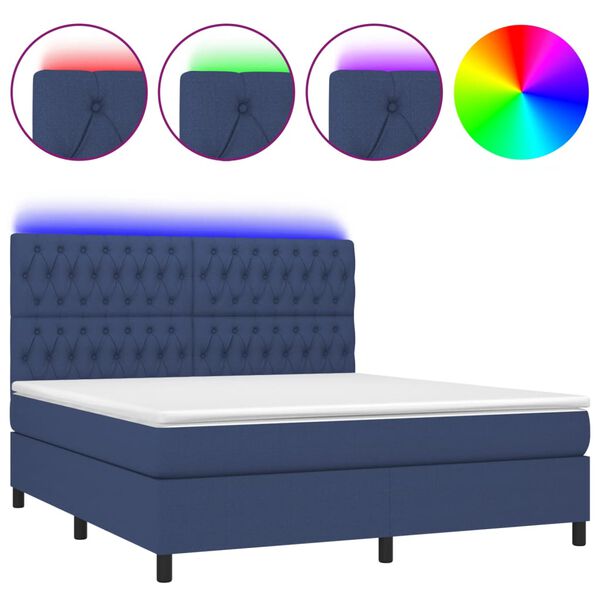 vidaXL Cama box spring colch&oacute;n y luces LED tela azul 160x200 cm