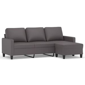 vidaXL Sof&aacute; de 3 plazas con taburete cuero sint&eacute;tico gris 180 cm