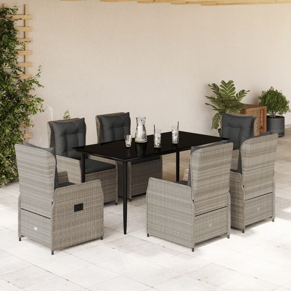 vidaXL Set comedor jard&iacute;n 7 pzas y cojines rat&aacute;n sint&eacute;tico gris claro