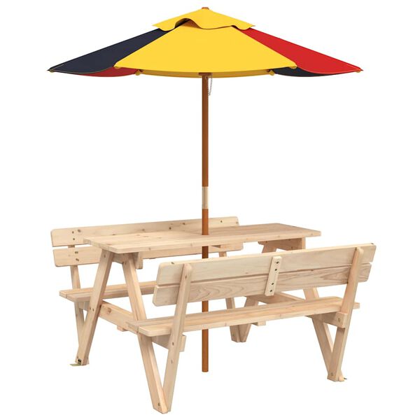 vidaXL Mesa de picnic para 4 ni&ntilde;os agujero para sombrilla madera abeto