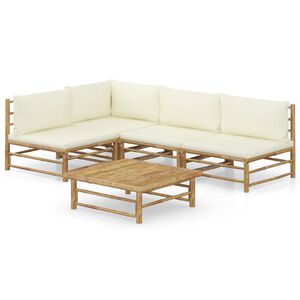 vidaXL Set de muebles de jard&iacute;n 5 piezas bamb&uacute; y cojines blanco crema