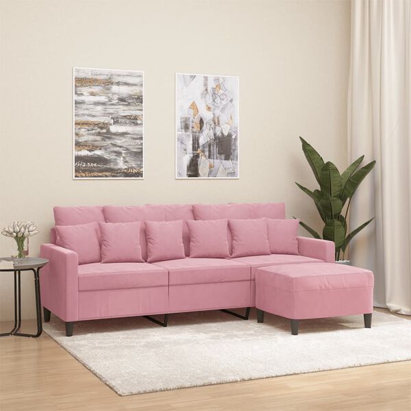 vidaXL Sof&aacute; de 3 plazas con taburete de terciopelo rosa180 cm