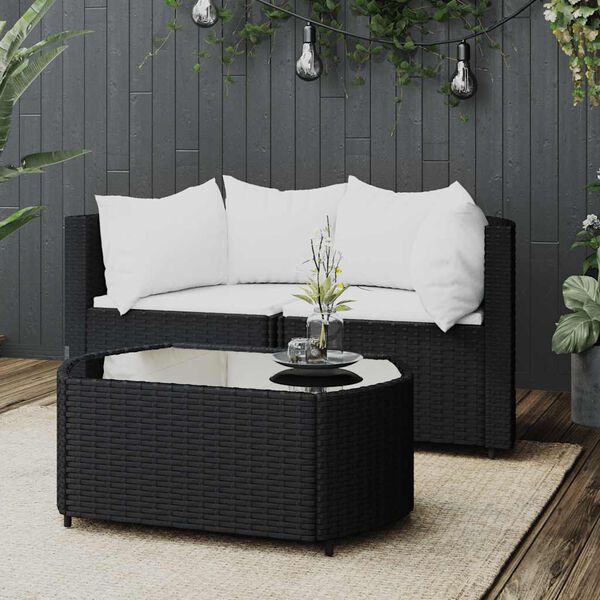 vidaXL Set de muebles de jard&iacute;n 3 pzas y cojines rat&aacute;n sint&eacute;tico negro