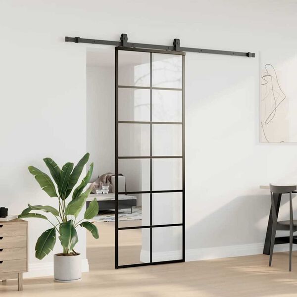 vidaXL Puerta corredera con juego herrajes negro 76x205 cm ESG vidrio