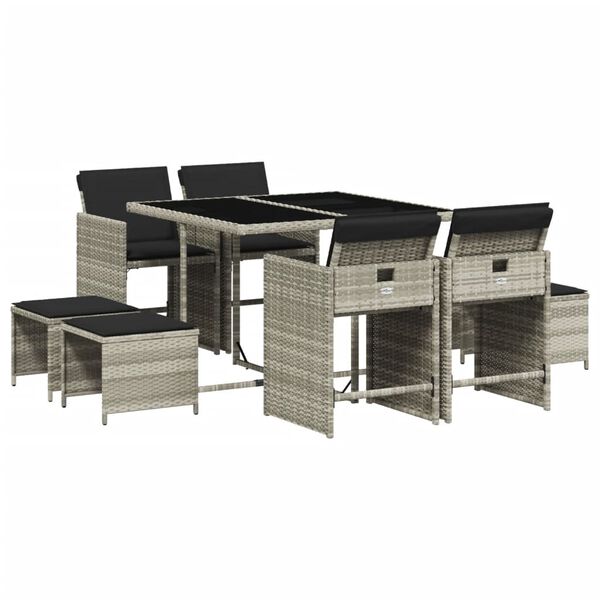 vidaXL Set comedor de jard&iacute;n 9 pzas cojines rat&aacute;n sint&eacute;tico gris claro