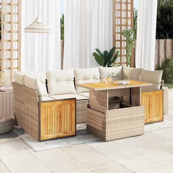 vidaXL Set sof&aacute;s jard&iacute;n y cojines 7 pzas rat&aacute;n sint&eacute;tico acacia beige