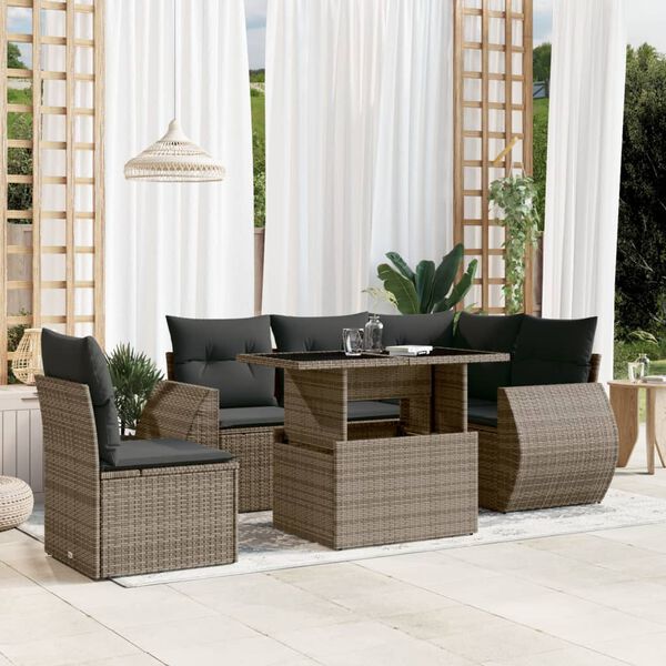 vidaXL Set de muebles de jard&iacute;n 6 pzas y cojines rat&aacute;n sint&eacute;tico gris