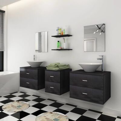 vidaXL Conjunto de muebles de baño con lavabo y grifo 9 piezas negro