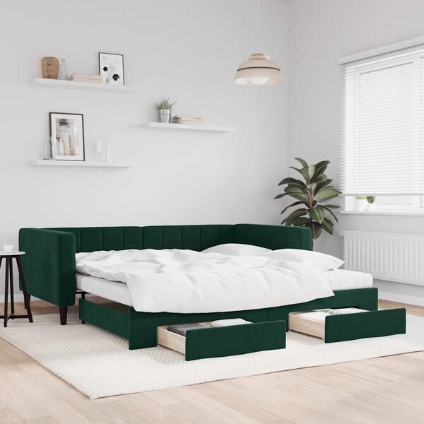 vidaXL Sof&aacute; cama nido con cajones terciopelo verde oscuro 100x200 cm