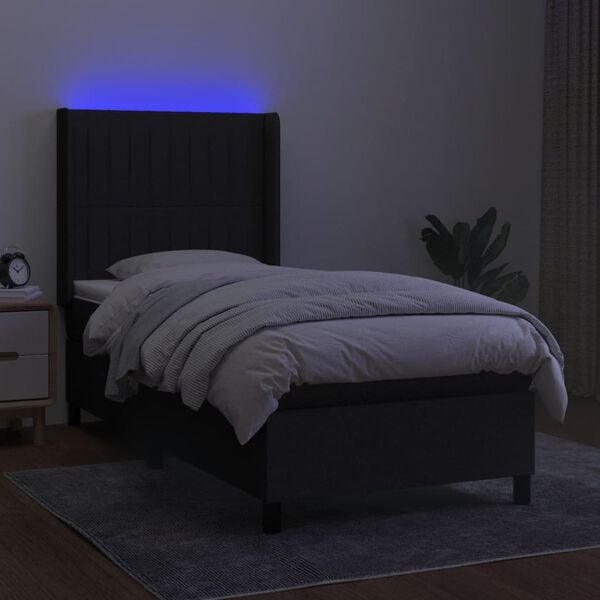 vidaXL Cama box spring colch&oacute;n y luces LED tela negro 90x190 cm