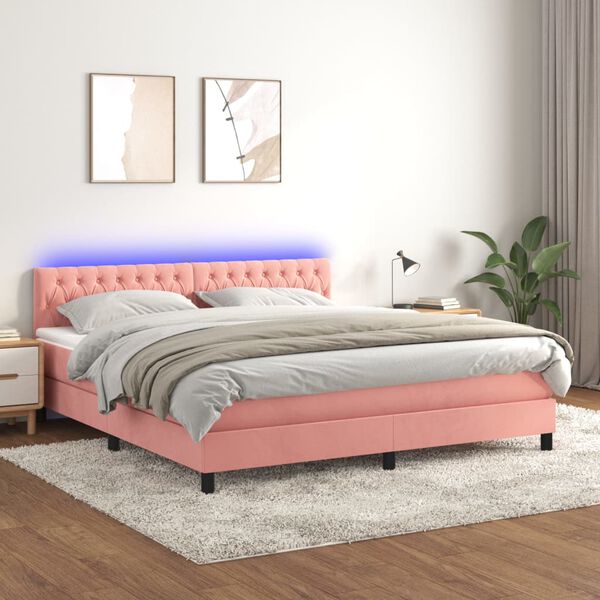 vidaXL Cama box spring colch&oacute;n y LED terciopelo rosa 160x200 cm