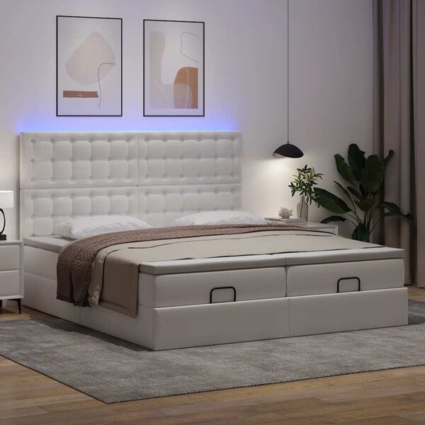 vidaXL Cama otomana colch&oacute;n&LED cuero sint&eacute;tico blanco puro 160x200cm