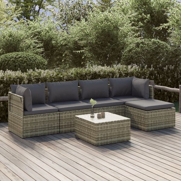 vidaXL Set de muebles de jard&iacute;n 6 pzas y cojines rat&aacute;n sint&eacute;tico gris