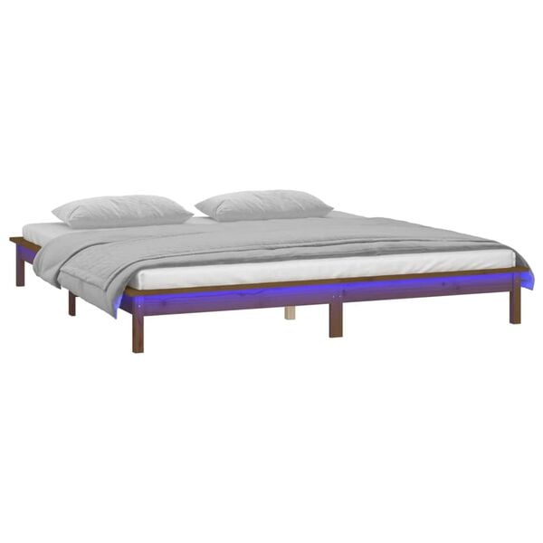vidaXL Estructura de cama con LED madera maciza marr&oacute;n miel 140x190 cm