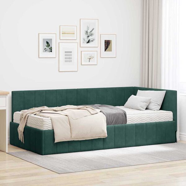 vidaXL Estructura de Cama Esquina con Colch&oacute;n 2 pcs Verde Terciopelo
